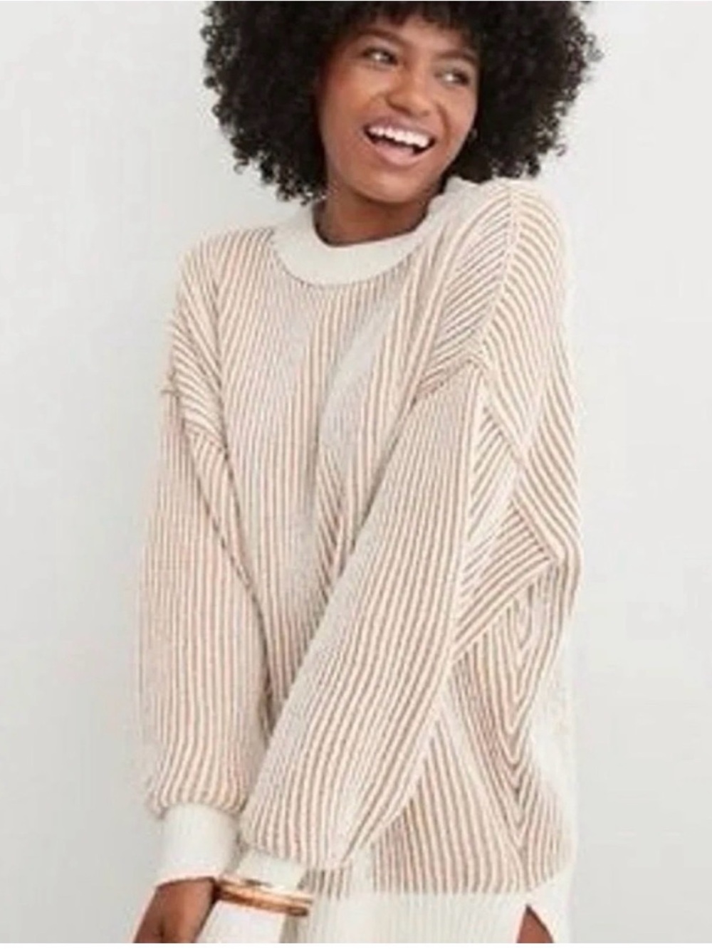 Aerie XL Cream & Tan Chunky Knit Relaxed Sweater